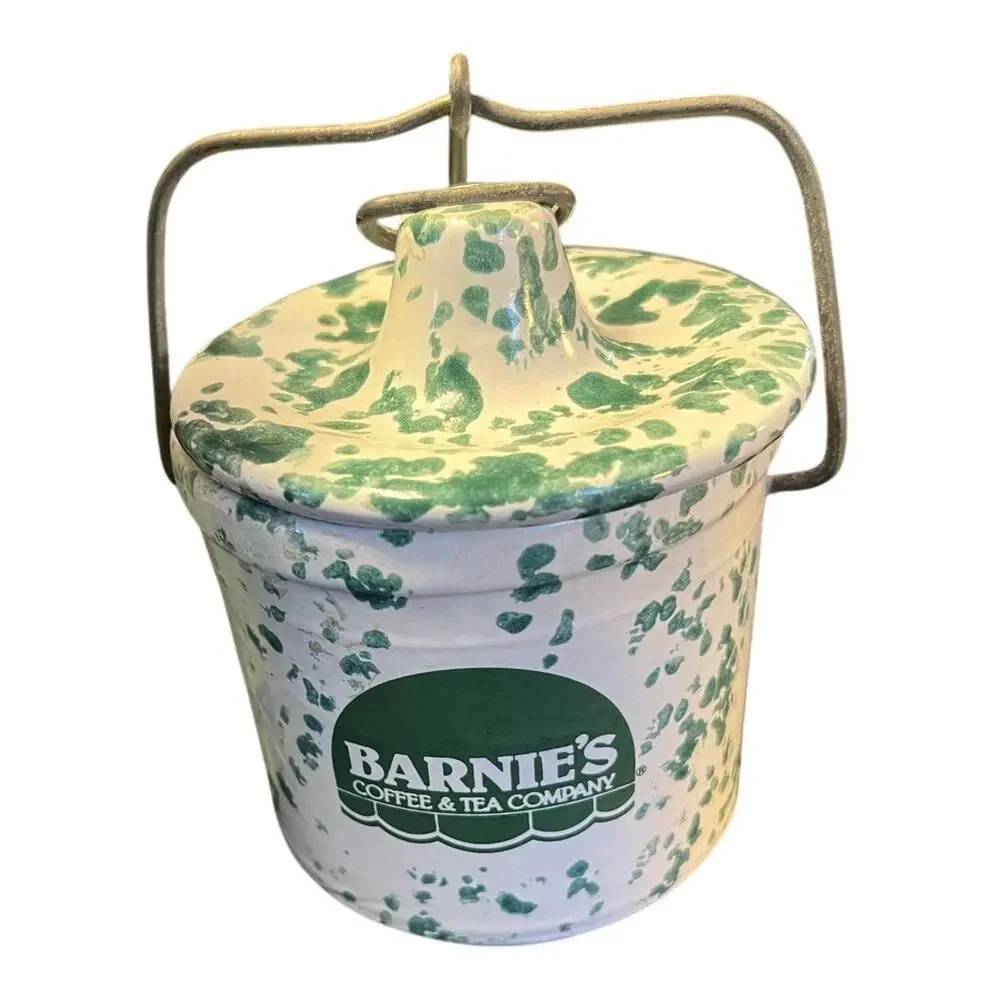 Vintage Barnie's Tea Company Stoneware Green Speckled Wire Bail Latch Cr…